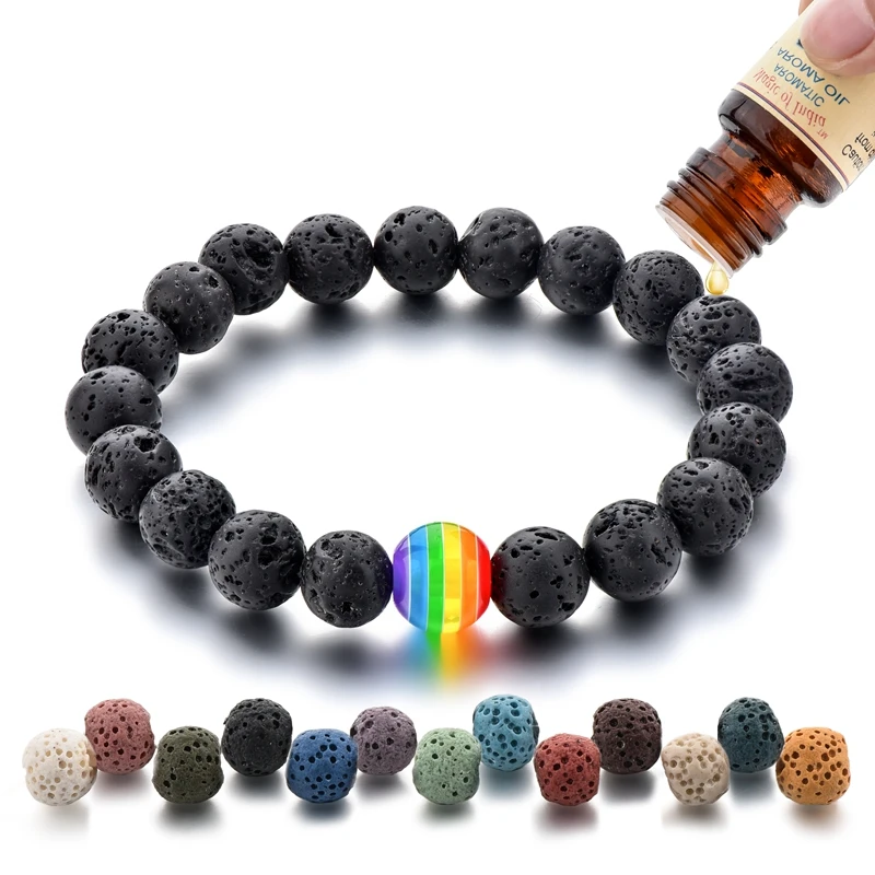 

Women Men 's Lava Volcano Stone Bead Gay Rainbow Bracelet, As photo