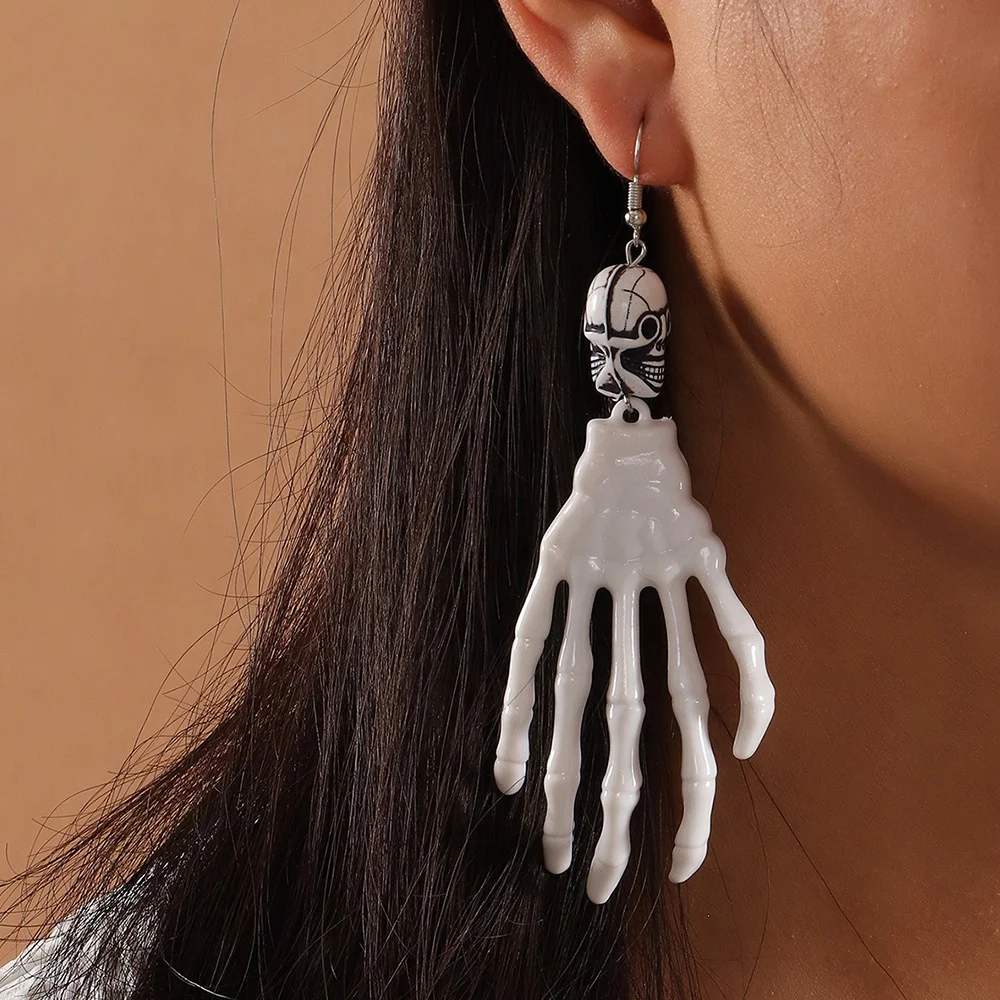 

Halloween Cosplay Dress Up Jewelry Statement Oversize Skull Palm Earrings, White, black