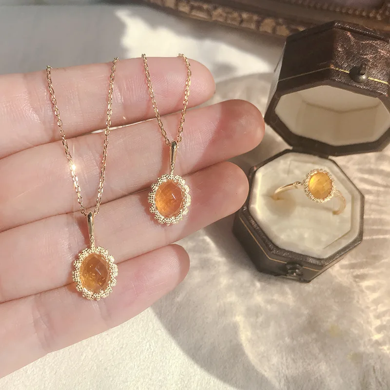 

S925 Silver Gold Plated Chamomile Flower, Tiger's Eye, Amber, Topaz NecKLACE, Jewelry Set