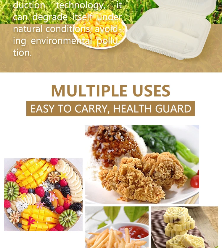 Microwave disposable lunch box corn strach fast food clamshell box 3 compartments fully biodegradable food container