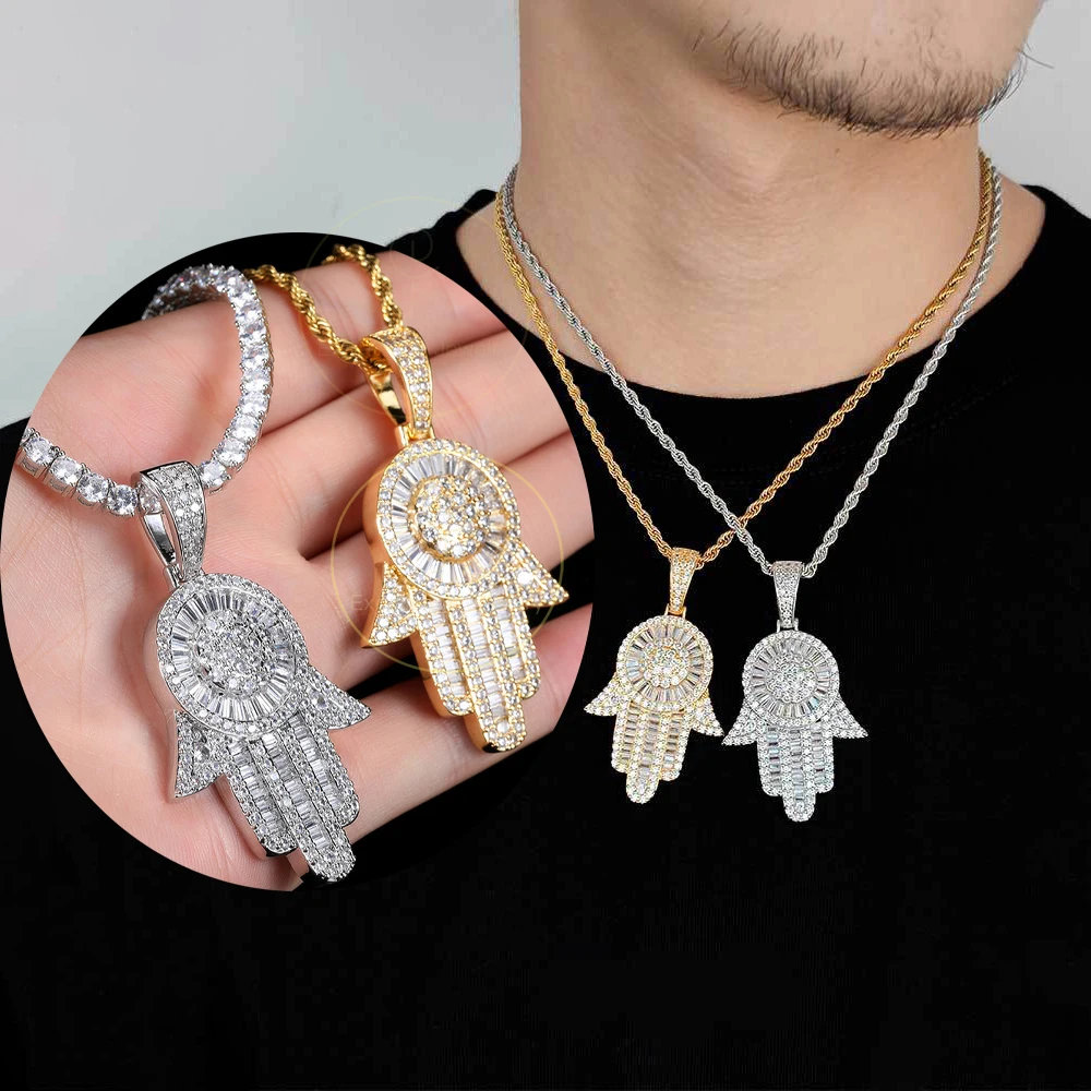 Personality Hip Hop Men Women Jewelry Gold Plated Iced Out CZ Baguette Diamond Hamsa Fatima Hand Pendant Necklace