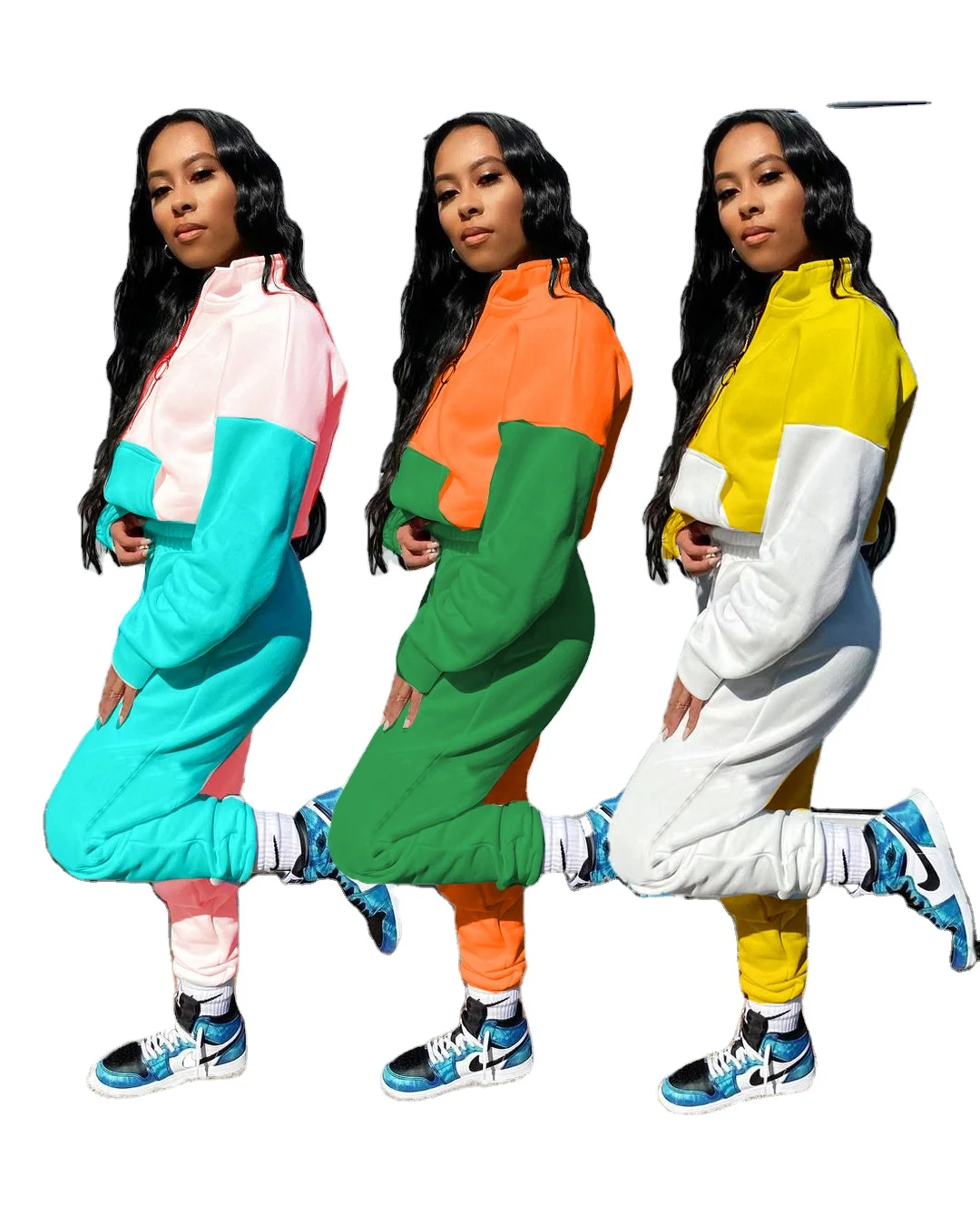 

2021 Amazon Fall women's Long sleeve patchwork suits Casual fashion loose hoodies cotton fabric splice two pieces set, 3 colors as picture