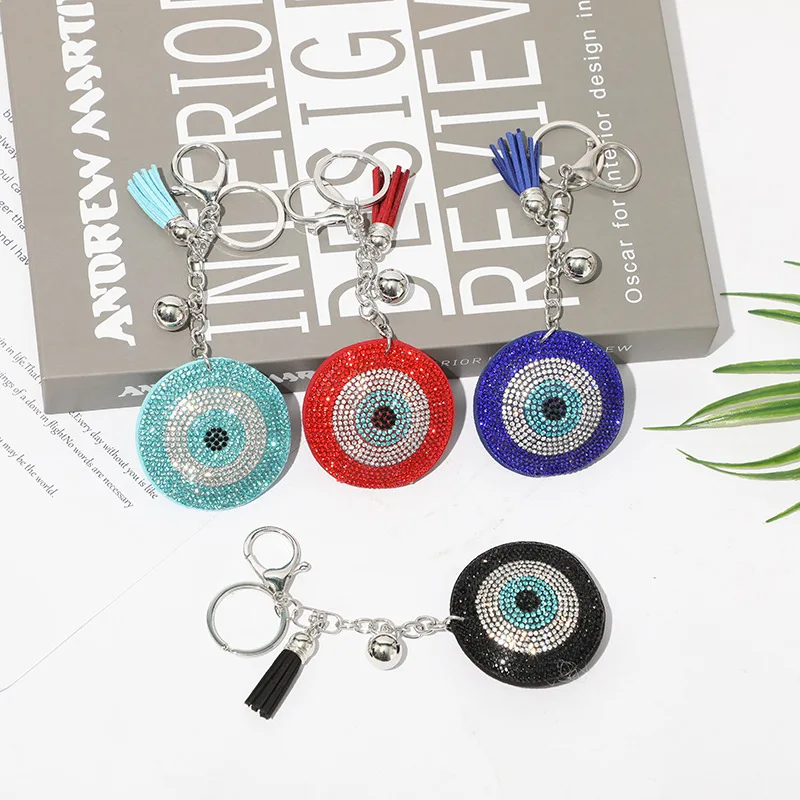 

Wholesale Round Shape Keychain Bell Tassel Keychains Velvet Multi Colors Rhinestone Eye Keychain