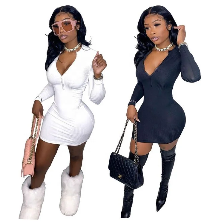 

New Fashion Solid Color Long Sleeve Zipper Clothing Bodycon Sexy Spring Women Mini Dresses