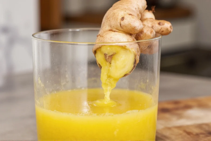 Fresh ginger root being juiced in a modern kitchen with visible ginger fibers and liquid