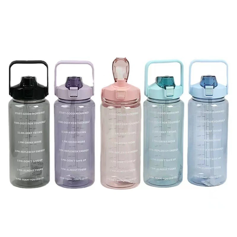 

C690 2L Large Capacity Water Bottle Straw Cup High Temperature Clear Plastic Water Cup Time Scale Outdoor Sports Student Cup