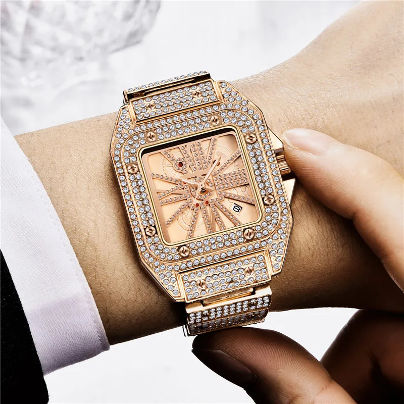 

Luxury Fashion Multi Color Crystal Rhinestone Square Dial Analog Watch Full Diamond Square Dial Crystal Quartz Watch For Men