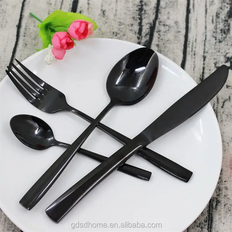 

Amazon online shopping black pvd coating hotel silverware fork spoon knife set flatware stainless steel cutlery set, Customized