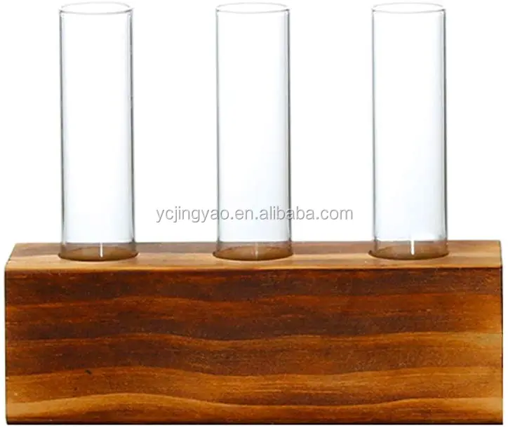 

3 Crystal Glass Test Tube Vase Flower Pots on wood stand for Hydroponic Plants Home Garden Decoration, Clear