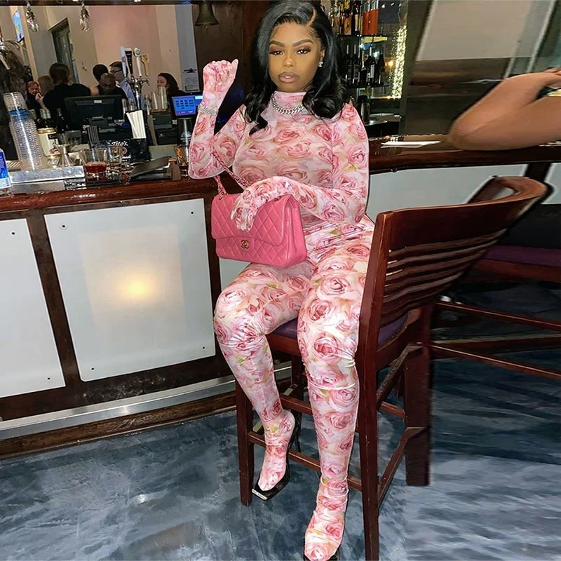 

LANOZY 2021 New Fashion Rose Print Sexy Bodycon jumpsuit Bind Foot Club Long Pant, Pink