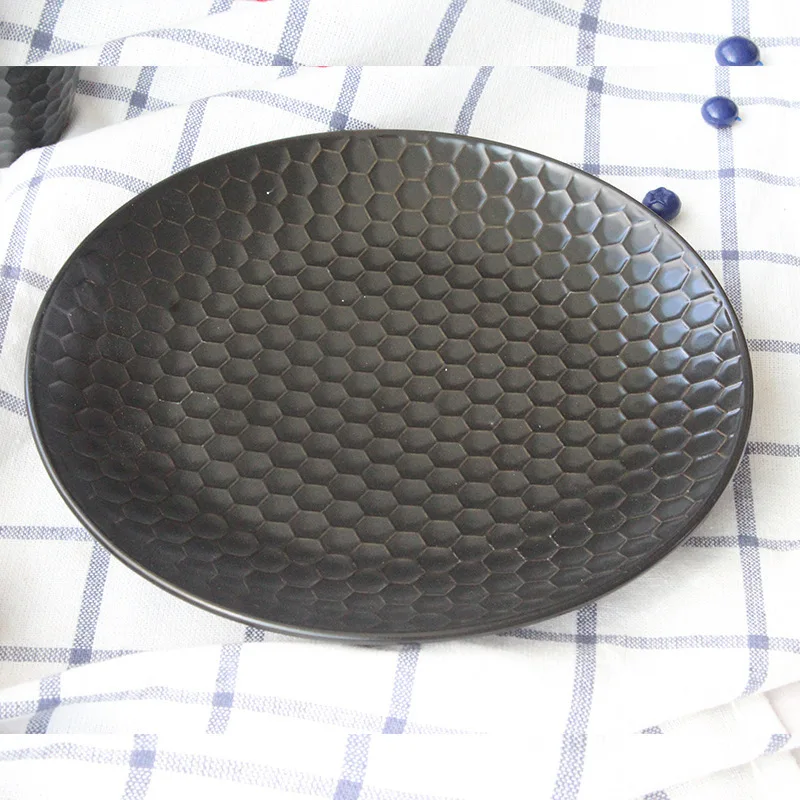 

Ceramic Pure Black Honeycomb Grain Plate Steak Plate Italian Breakfast Dim Sum Plate Hotel Household Tableware