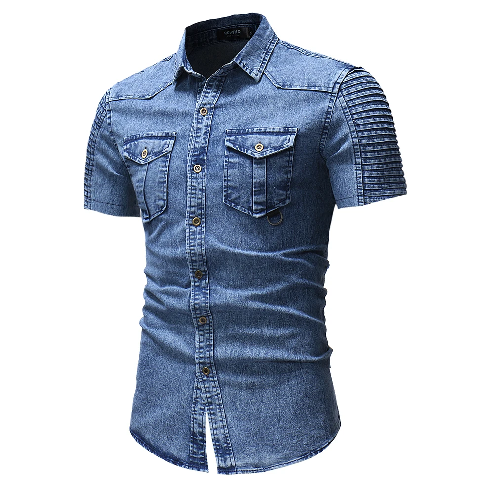 

Summer Mens Short Sleeve Denim Shirt Slim Fit Casual Jeans Shirt