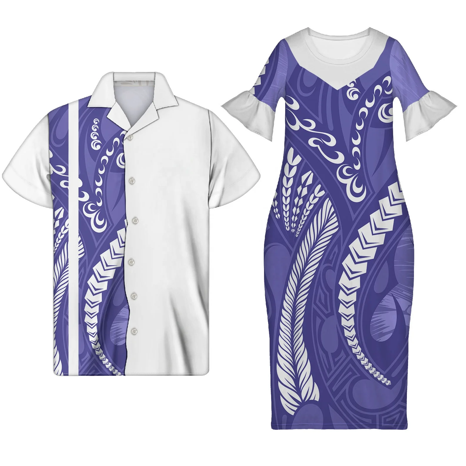 

Luxury Design Samoan Tribal Print Couple 2pcs Set Shirt Man Casual Ruffled Bodycon Maxi Elegant Summer Dresses for Women, Customized color