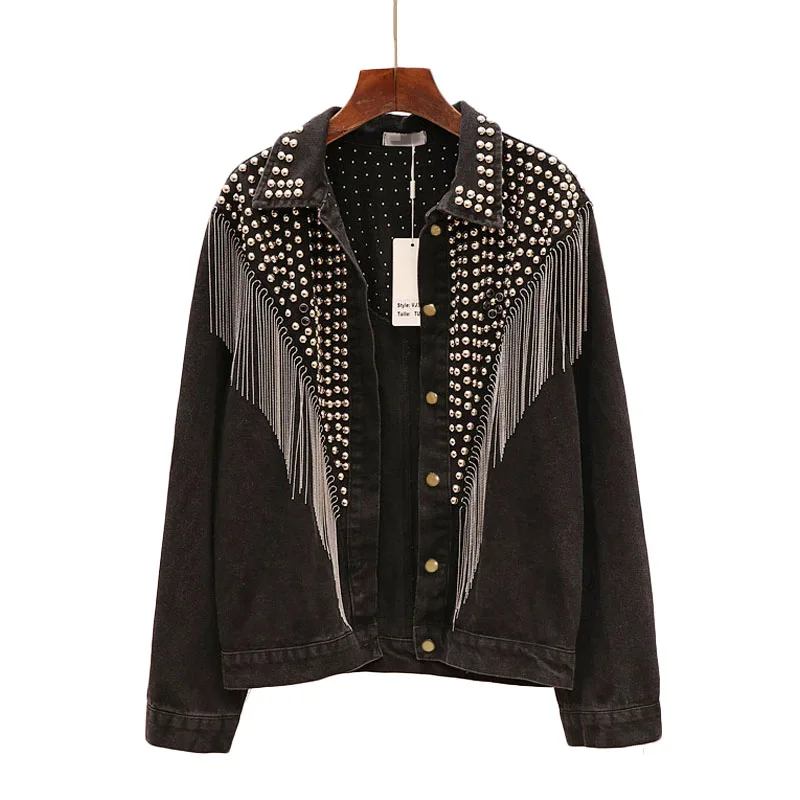 

Autumn Streetwear Denim Jacket Women Hand-studded Rivet Tassel Chain Loose Black Coats Short Jeans Jacket, Picture