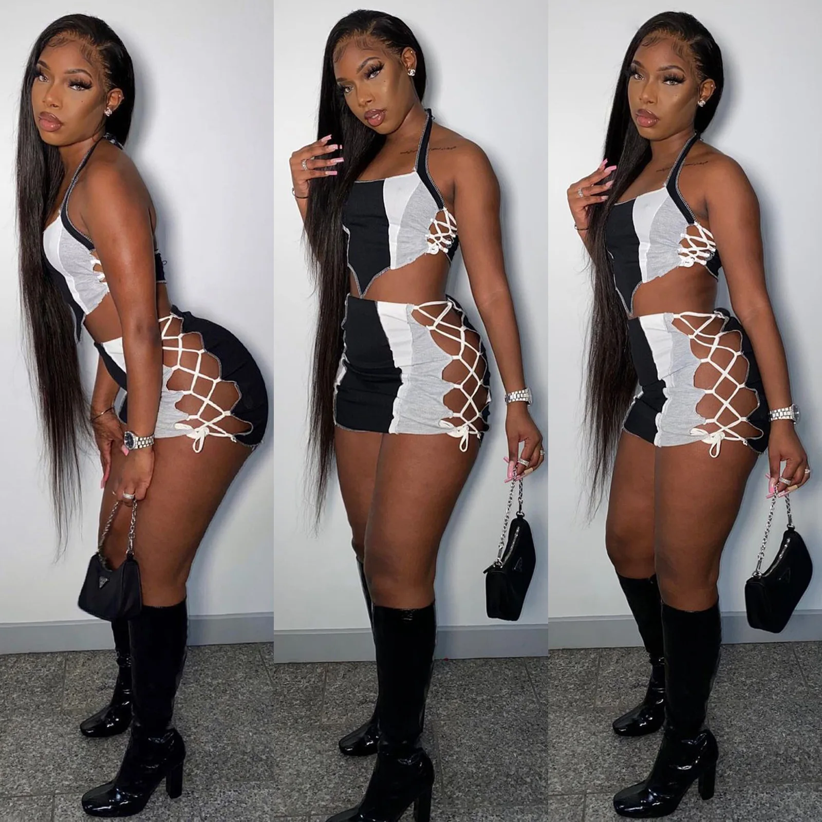 

New Summer Suit Cut-out Patchwork Strap Crop Top Beach Wear Women Two Piece Skirt Set Mini Skirt Club Dresses, Picture color