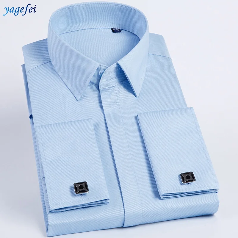 

Top quality men's french cuff solid color cotton twill business light blue dress shirt, Colors