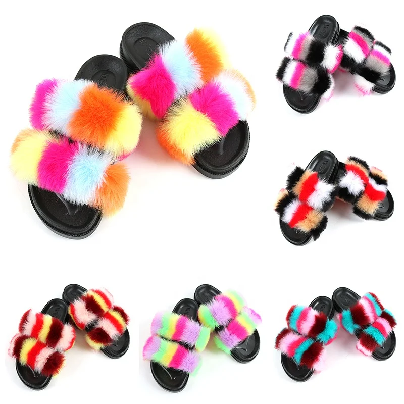 

Women comfortable faux raccoon fur slides colorful gorgeous designer fluffy fox big fur slippers shoes for fashion women ladies, 40 color options