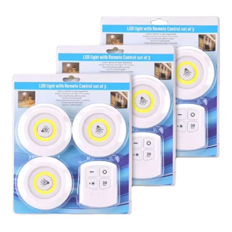 3Pack Ultra Bright  COB LED Puck Light With Remote Control Under Cabinet Light Wireless Battery Operated Tap Push Light