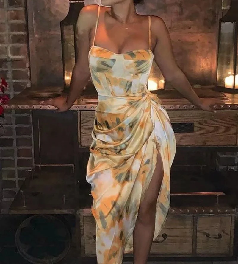 

2020 new hot womens vintage printing ruffled irregular sleeveless dress nightclub wholesale ladies party elegant clothes dresses, Yellow