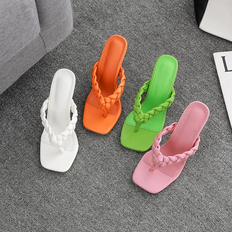 

2021 New Styles Hot Sale Ladies Fashion Sandal Square Toe Woven Flip Flops High Heel Solid Color Women Slippers Sandals