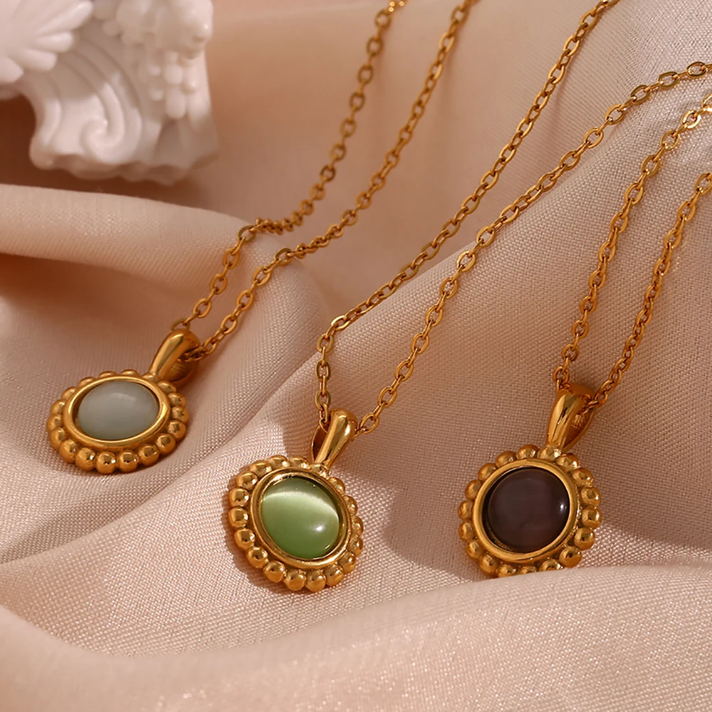 

Gemstone Pendant Necklace Sunflower Gold Plated Necklace Stainless Steel Natural Stone Necklace