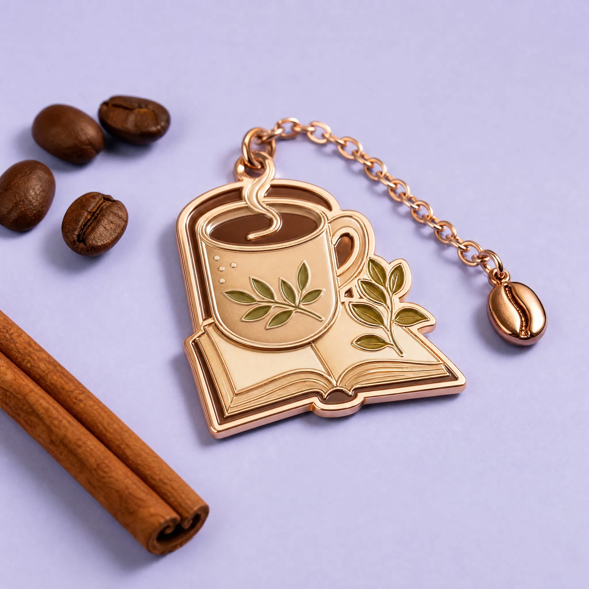 Custom Coffee Cup and Open Book Rose Gold Enamel Bookmark with 3D Coffee Bean Charm