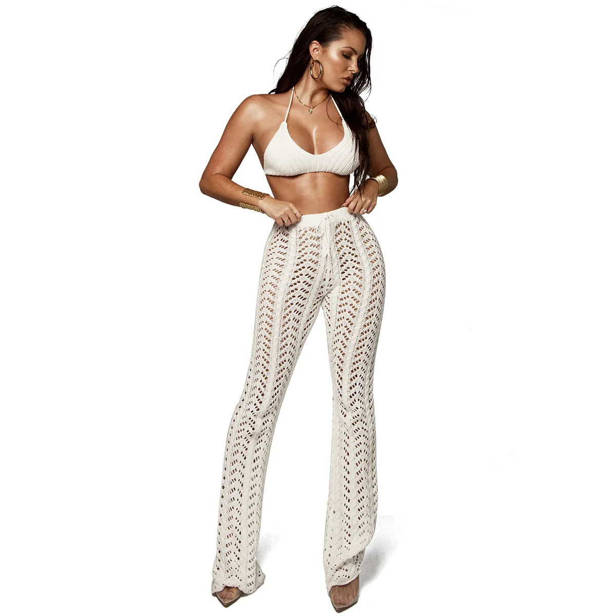 

Sexy Nightclub Pants for Lady Hollow Knit Perspective Female Pants Pure Color Beach Pants for Woman, White, black, camel