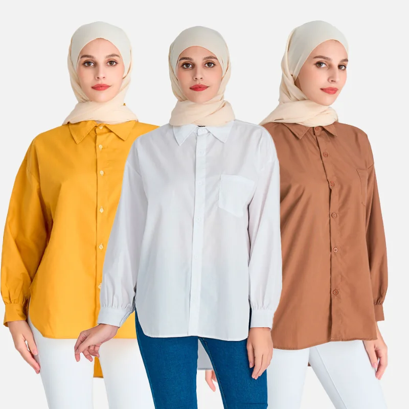 

25 Colors Wholesale Dubai Muslim Women Dress Abaya Tunic Tops Long Sleeve Casual Modest Cotton Polyester Shirts Muslim Blouses