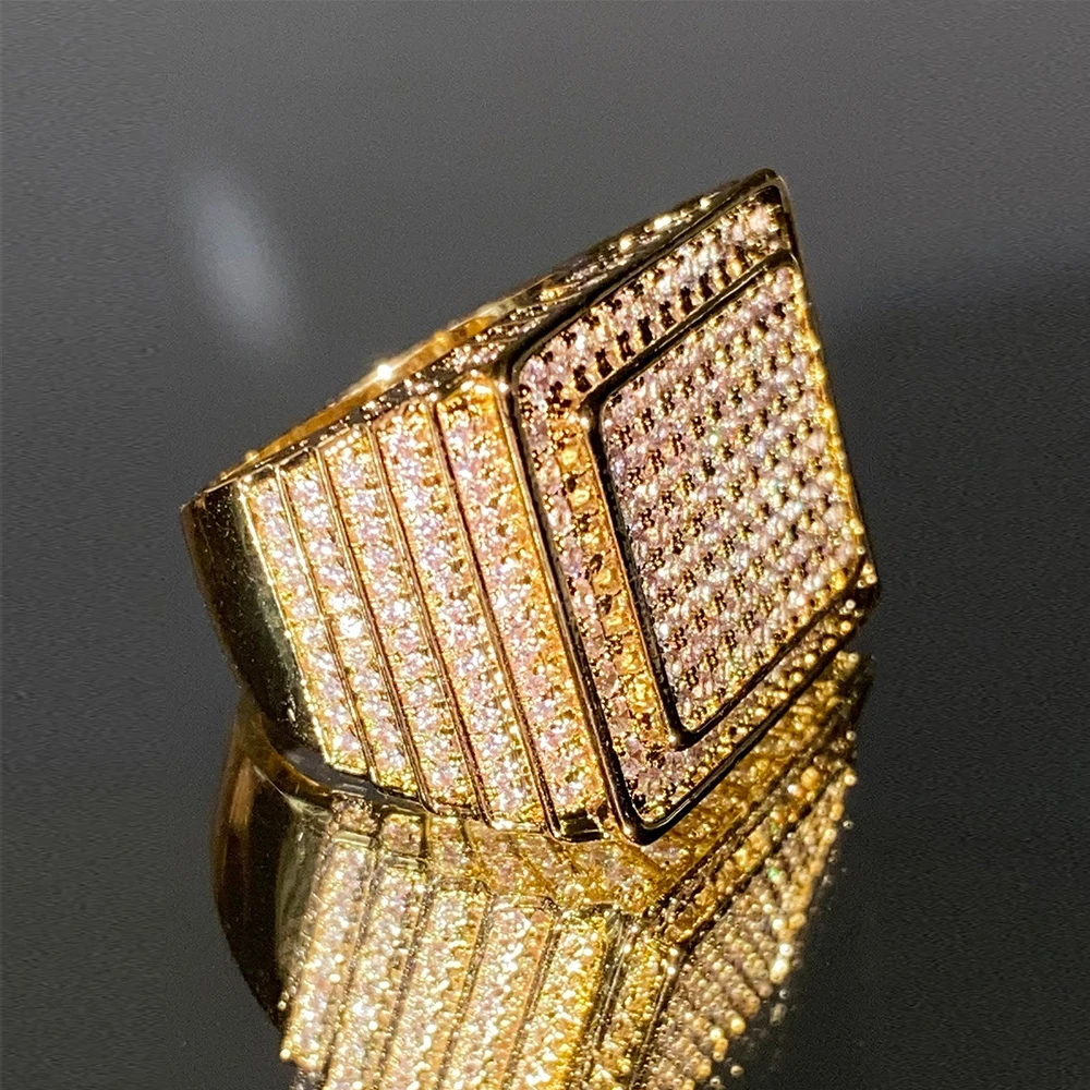 

50% Discount Square Shape Micro Pave cubic Zircon Ring Brass Material Gold Silver Plated Iced Out Full Cz Hip Hop Rings Mens