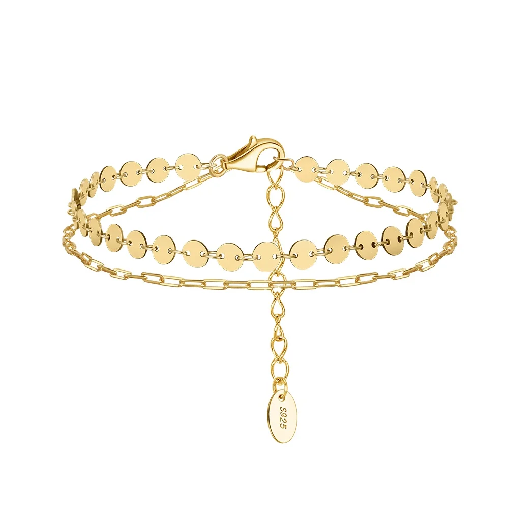RINNTIN SB199 925 Sterling Silver Double Layer Chain Bracelet Polishing Disc Chain Paper Clip Chain Hand Jewelry