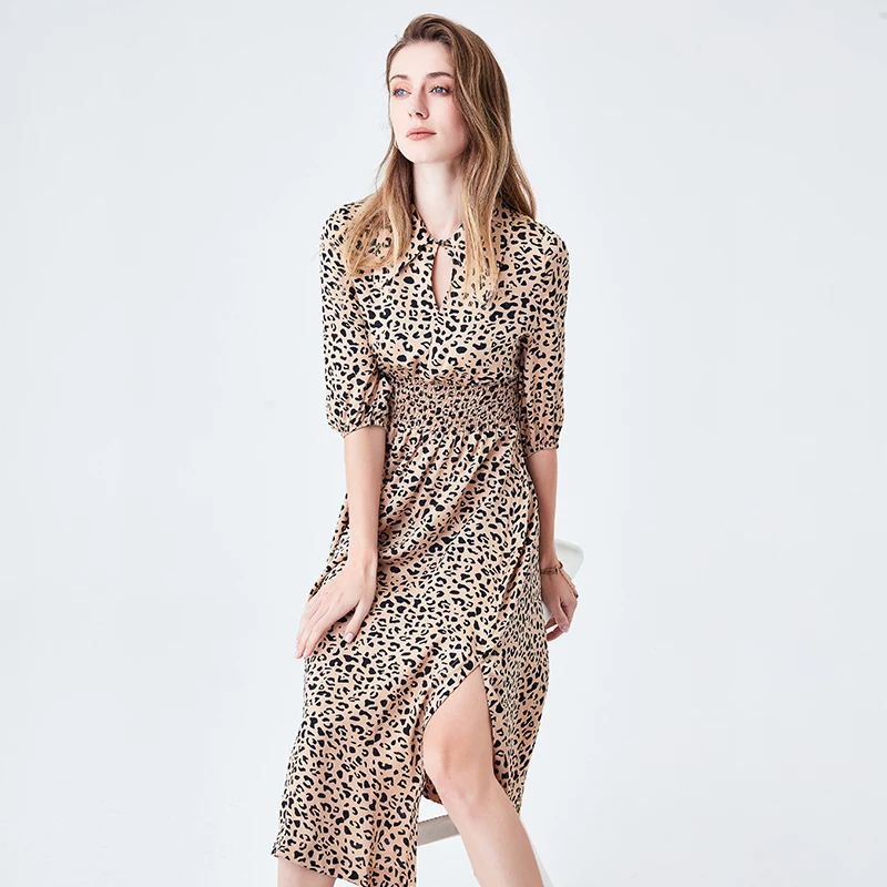 

Women Casual Dresses Nude Leopard Print Silk Shirt Neck Split Pure Silk A-line Long Dresses Women Ladies Elegant