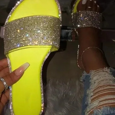 

women fashion flat heel sandals summer bling bling diamond customized candy colour slippers