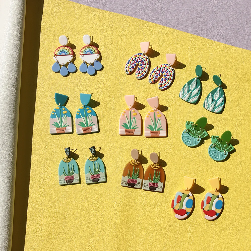 

Handmade Three-Dimensional Jungle Print Cute Girl Earrings Vintage Acrylic Geometric Earrings Wholesale, Like picture