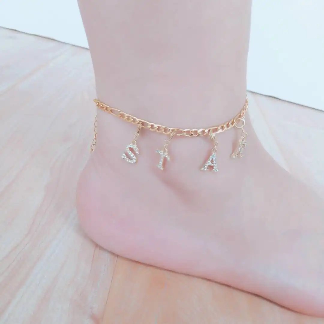 

Gaby custom bohemian metal gold chain for women crystal letter anklets body jewelry, Gold color