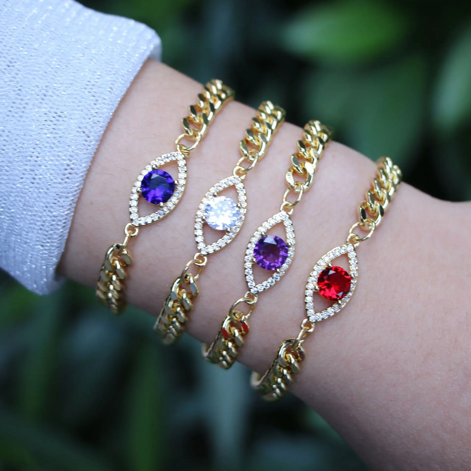 

Fashion Chunky Cuban Link Chain Turkish Evil Eye Bracelet 18K Gold Plated Zircon Purple Red Evil Eyes Bracelets Women