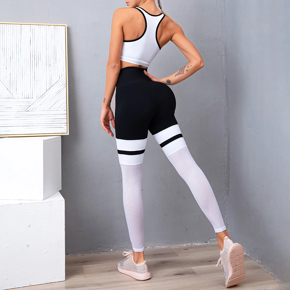

Women Athletic Yoga Pants shockproof beautiful back women yoga sports sets Butt-Lift Leggins mesh gym leggings and top yoga set, Black and white