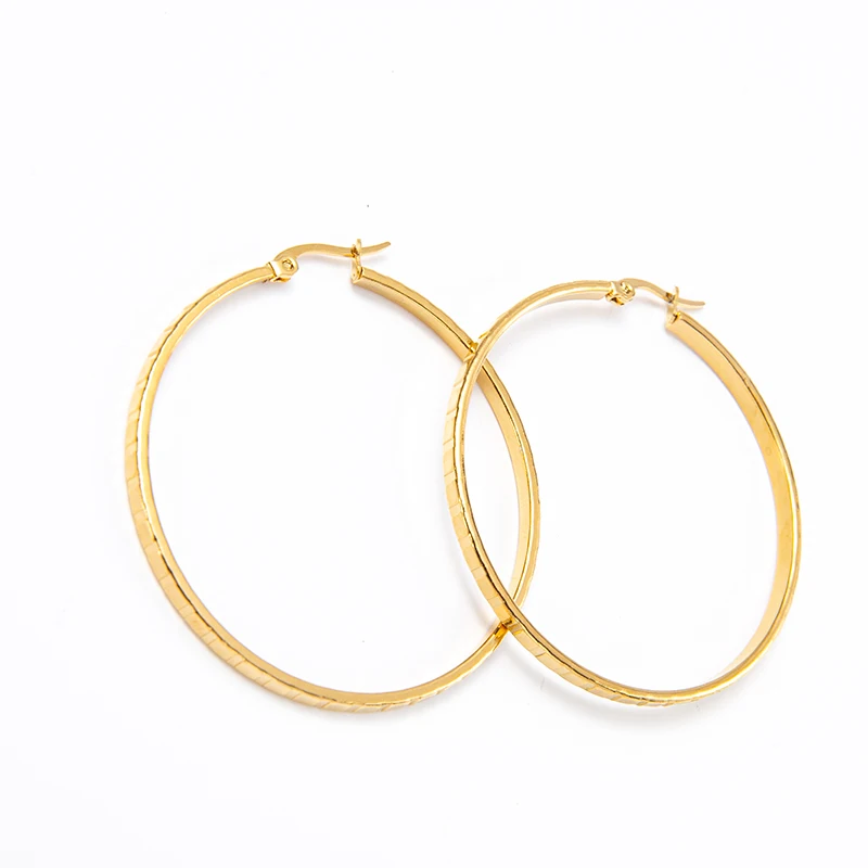 

Real Gold Plated Embossed Square Pattern Circle Loop Earrings Stainless Steel Carved Regular Print Hoop Earring