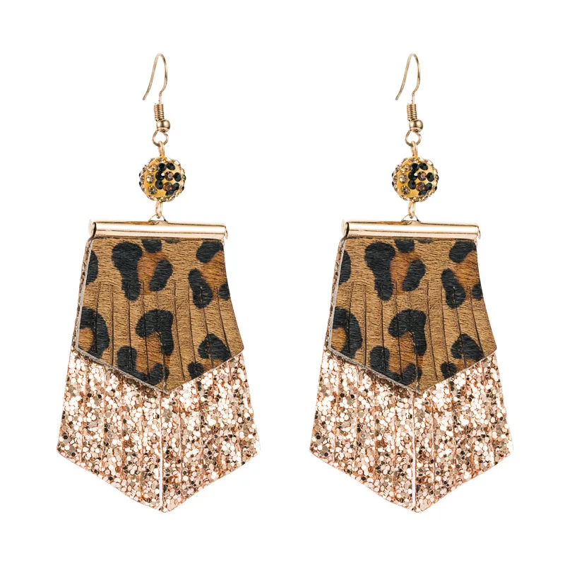 

Hot style leopard print long leather earring female exaggerated setting diamond women long earrings, As pics
