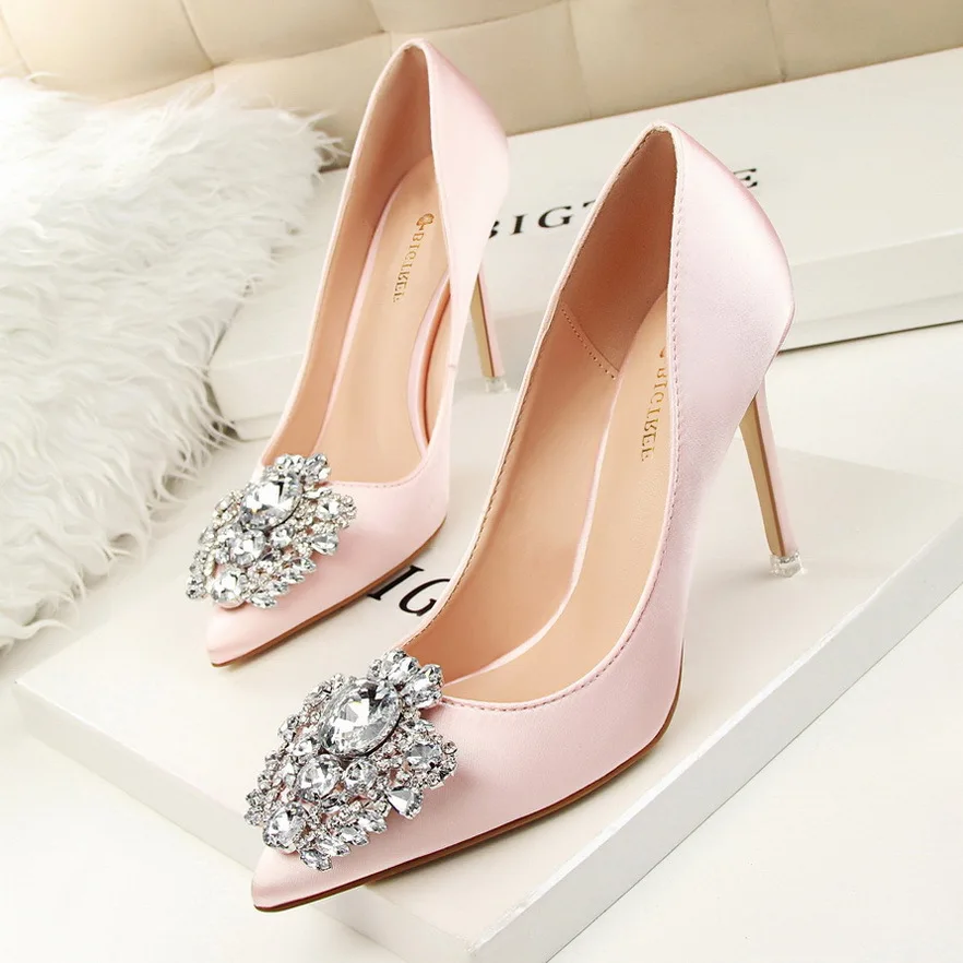 

women's shoes stiletto high heel sexy thin satin shallow mouth pointed shiny rhinestone buckle women's shoes