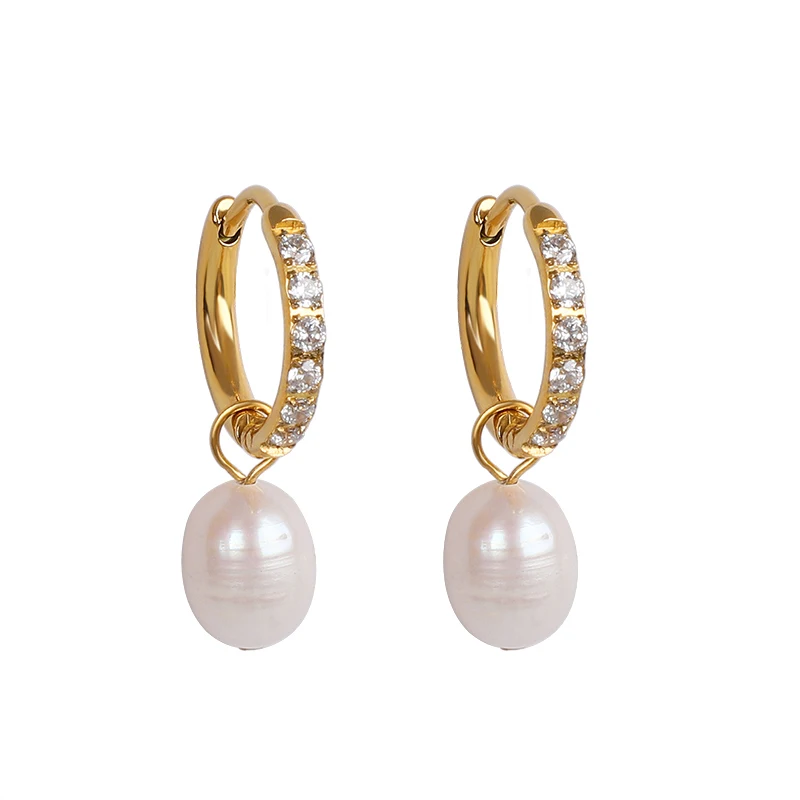 

18k Gold pvd Plated Stainless Steel Jewelry Designer Earrings Popular Brands Cubic Zirconia Freshwater Pearl Pendant Earrings