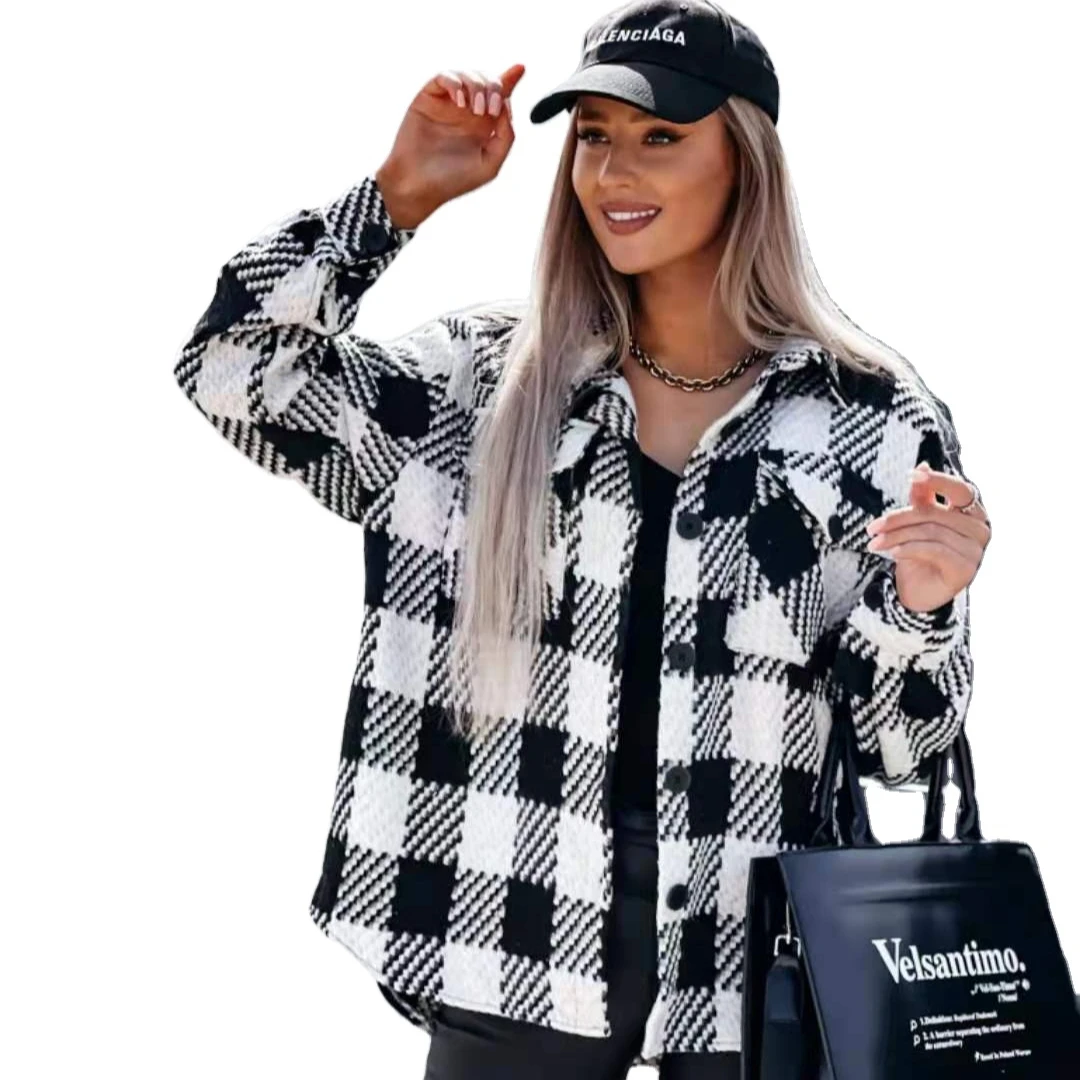 

Autumn and winter woolen print lapel mid-length coat fashion simplicity print plaid women jacket in 2022 she in, Picture