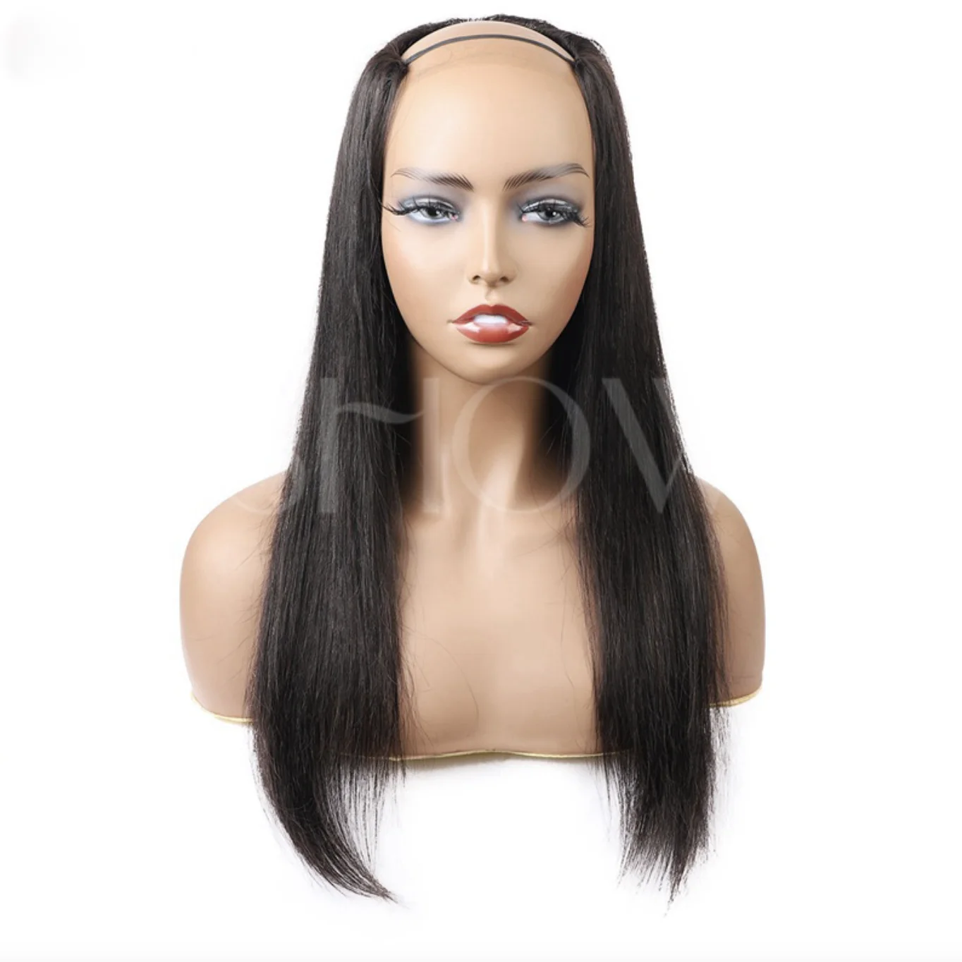 

Hot sale Asian women U Part Wig human wig straight hair headgear, Black