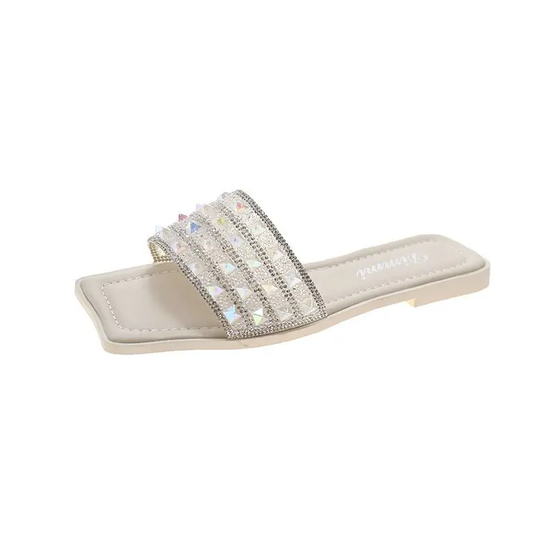 

2021 New Arrival Summer Casual Lady Flat Slipper Rhinestone Square Ankle-Strap Candy Color Durable Plus Size New Flat Slippers
