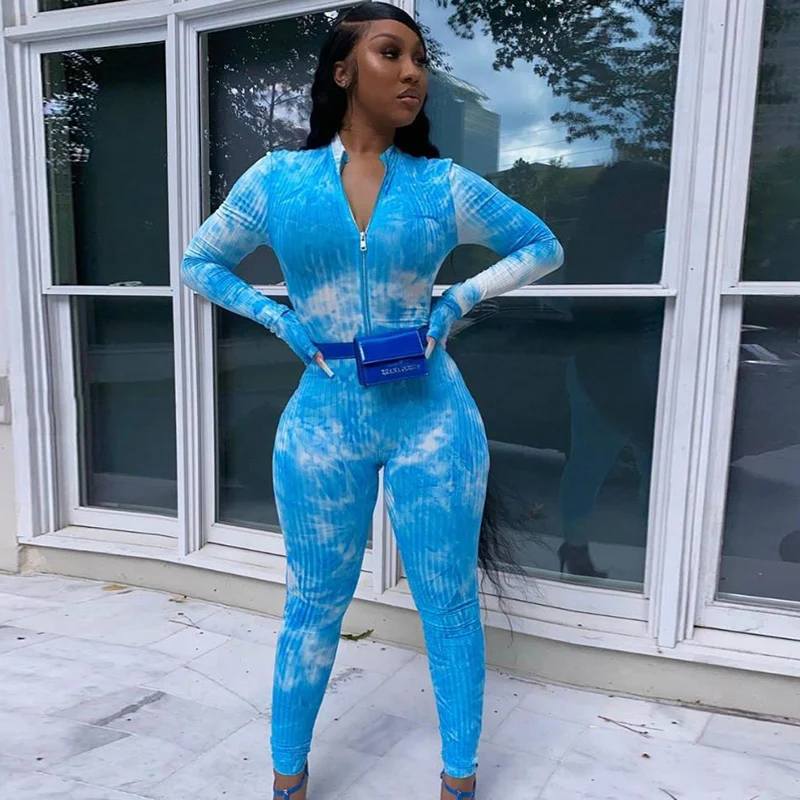 

Nibber K20Q0005 Tie Dye Rib Knit Women One Piece Jumpsuit High Waist Elastic Skinny Female Sportswear Rompers Wholesale Custom
