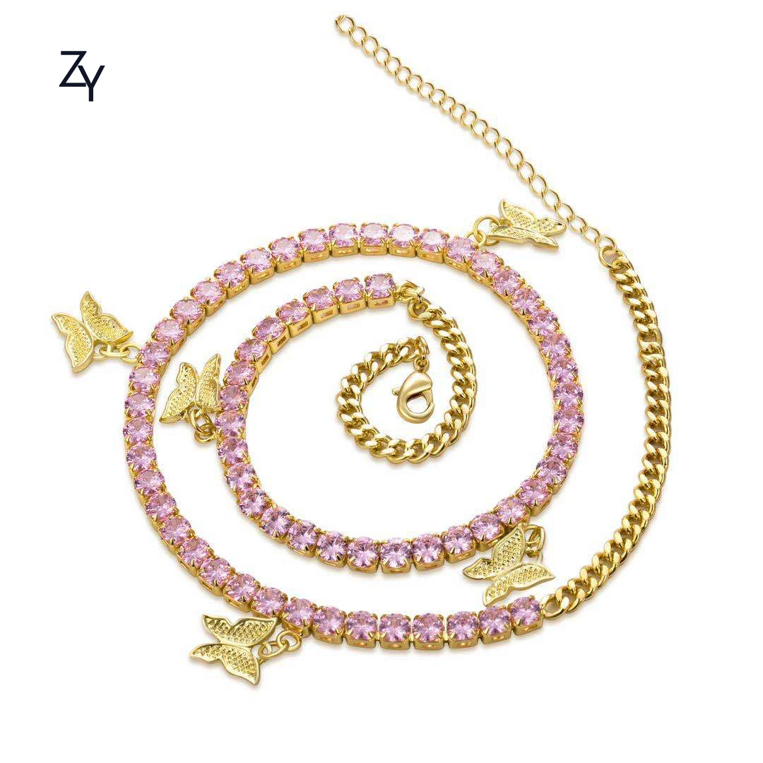 

5 MM Iced Out CZ Chains with Butterfly For Men Cuban Link Necklace Luxury Brass Cuban Chain Hip Hop Jewelry, Gold, silver