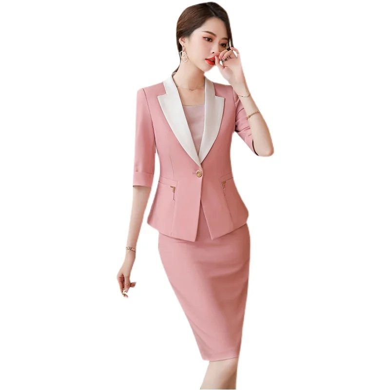 

2 Pieces Suit Set Women Contrast Collar Skirt Suit Office Lady Style Summer Wear Half-Sleeve Thin Blazer with knee length Skirt, Black, white, pink