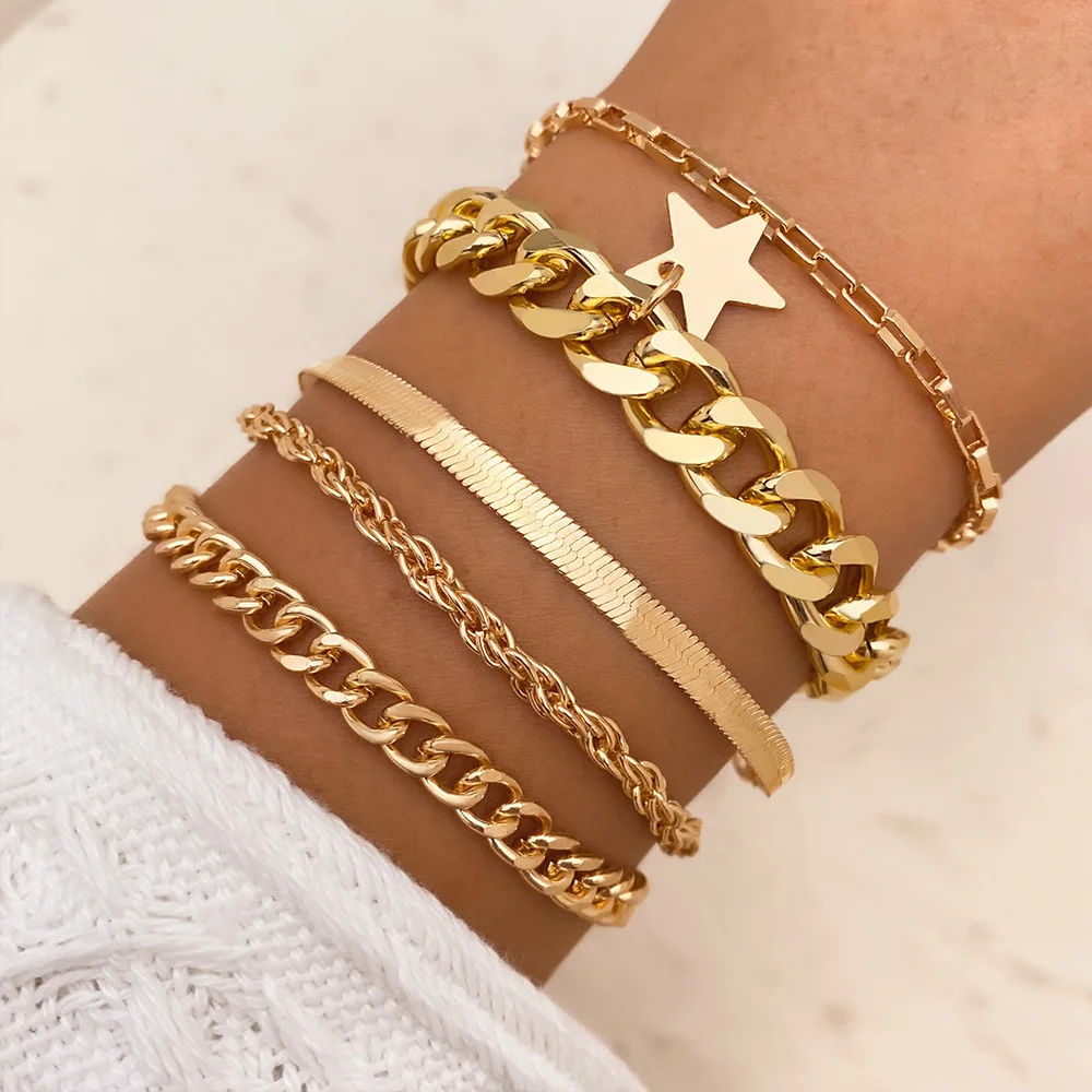 

Fashion Luxury Gold Plated Bracelets Jewelry Women Snake Cuban Chain Popular Star Bracelet Set