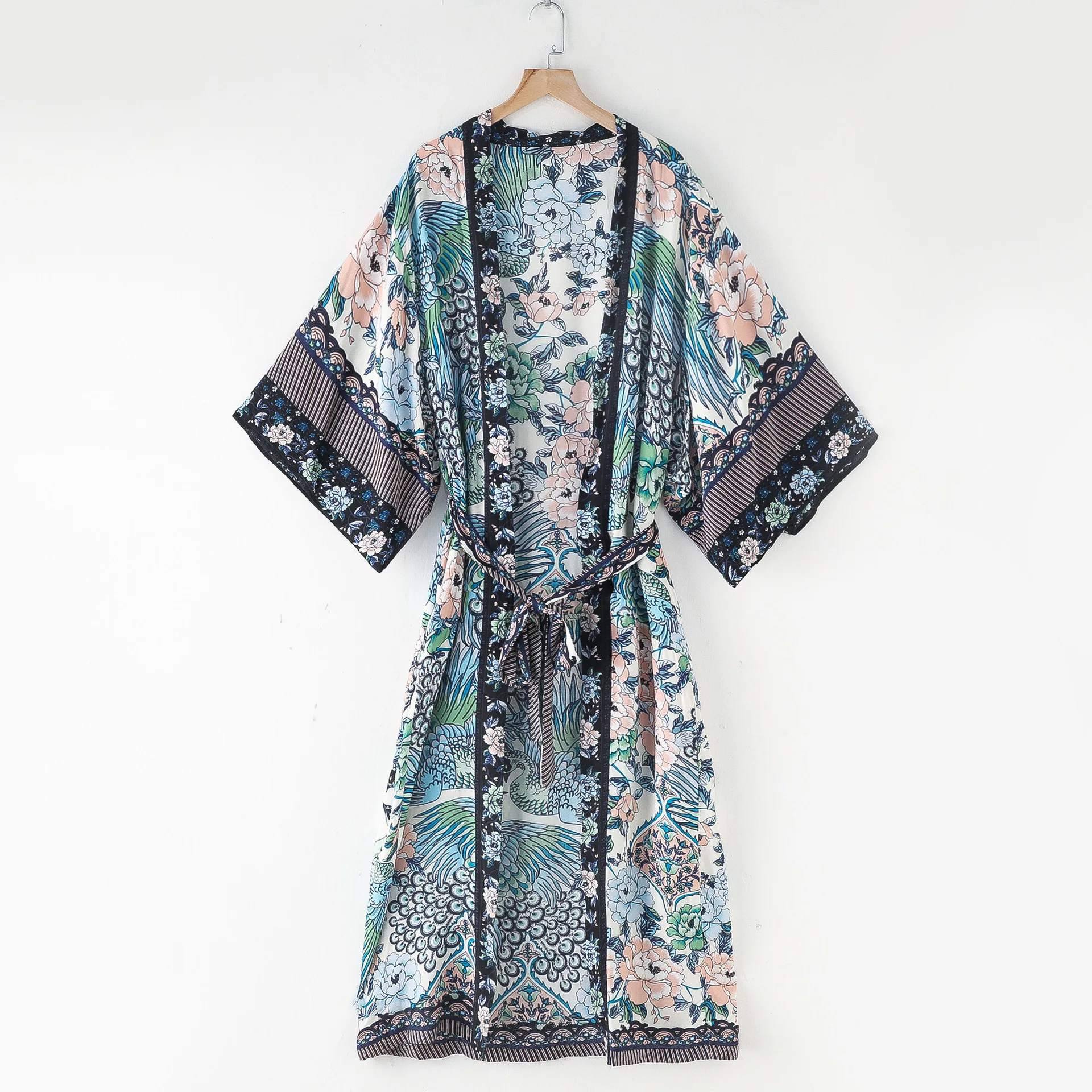 
Long Duster Vintage Flower Birds Floral Print Long Loose Fit Kimonos Casual Women Boho Robes Oversize Sashes Maxi Kimonos Dress 