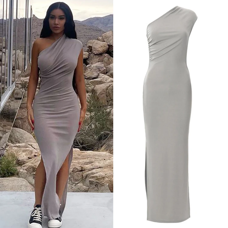 

Wholesale Fashion Elegant Slim Gray One Shoulder Ribbed Vestidos Largos Slit Summer Womens Dresses