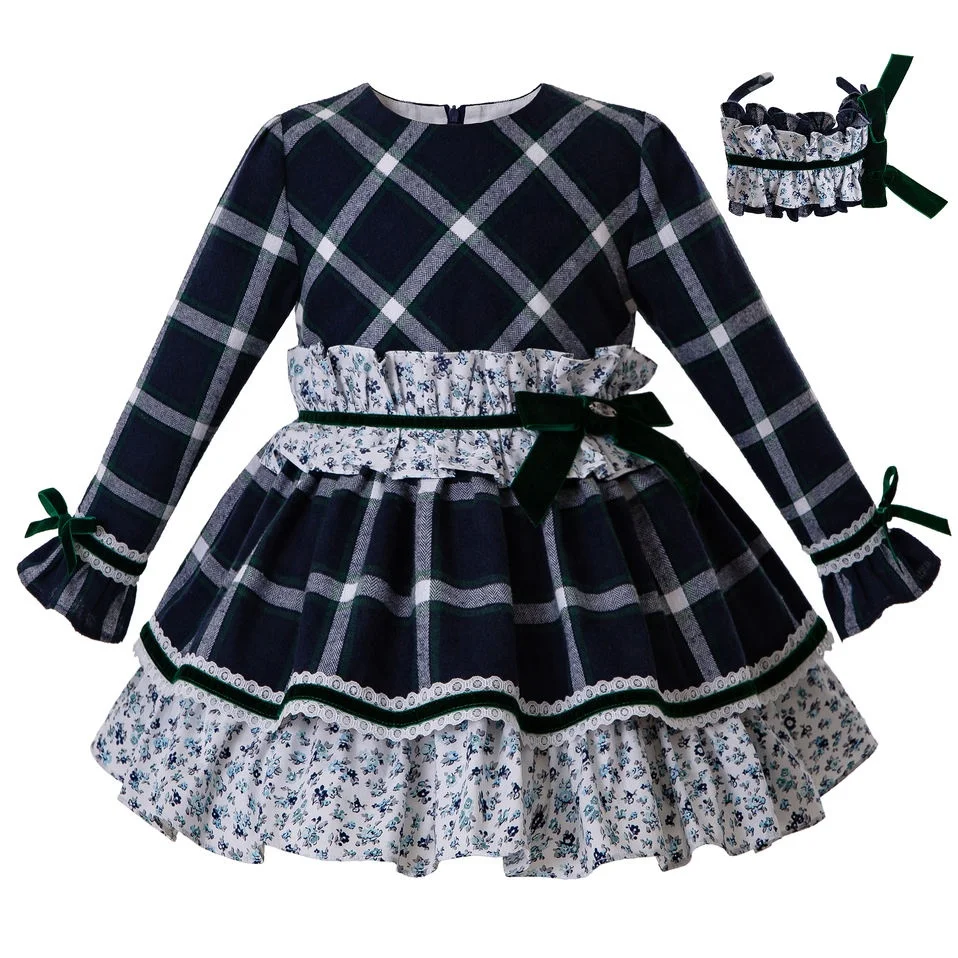 

OEM 2021 Pettigirl New Cotton Dress with Accessories Dark Blue Kids Wears Girls Dresses Fashion Plaid Babygirl Clothes